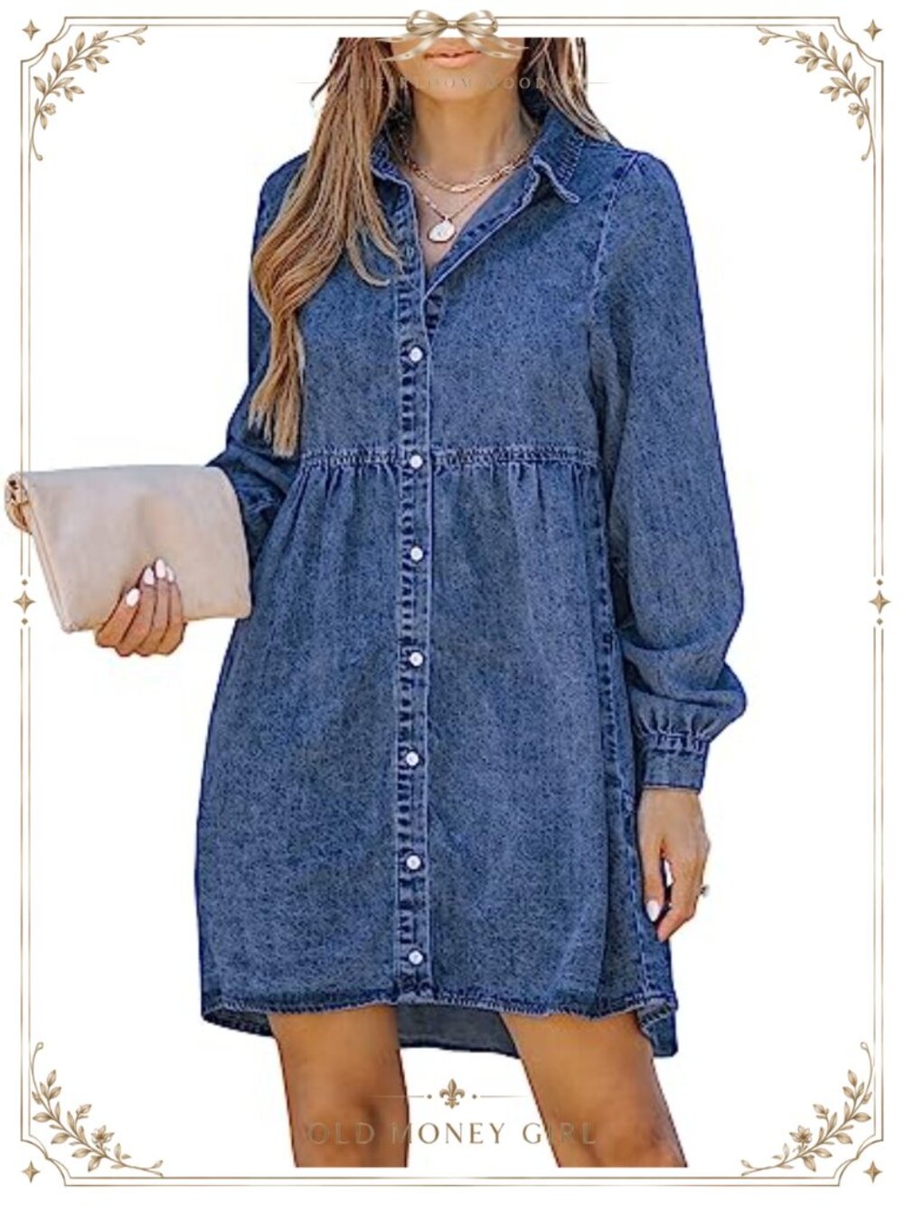 Long Sleeve Button Down Denim Mini Dress Tiered Babydoll Jean Dress